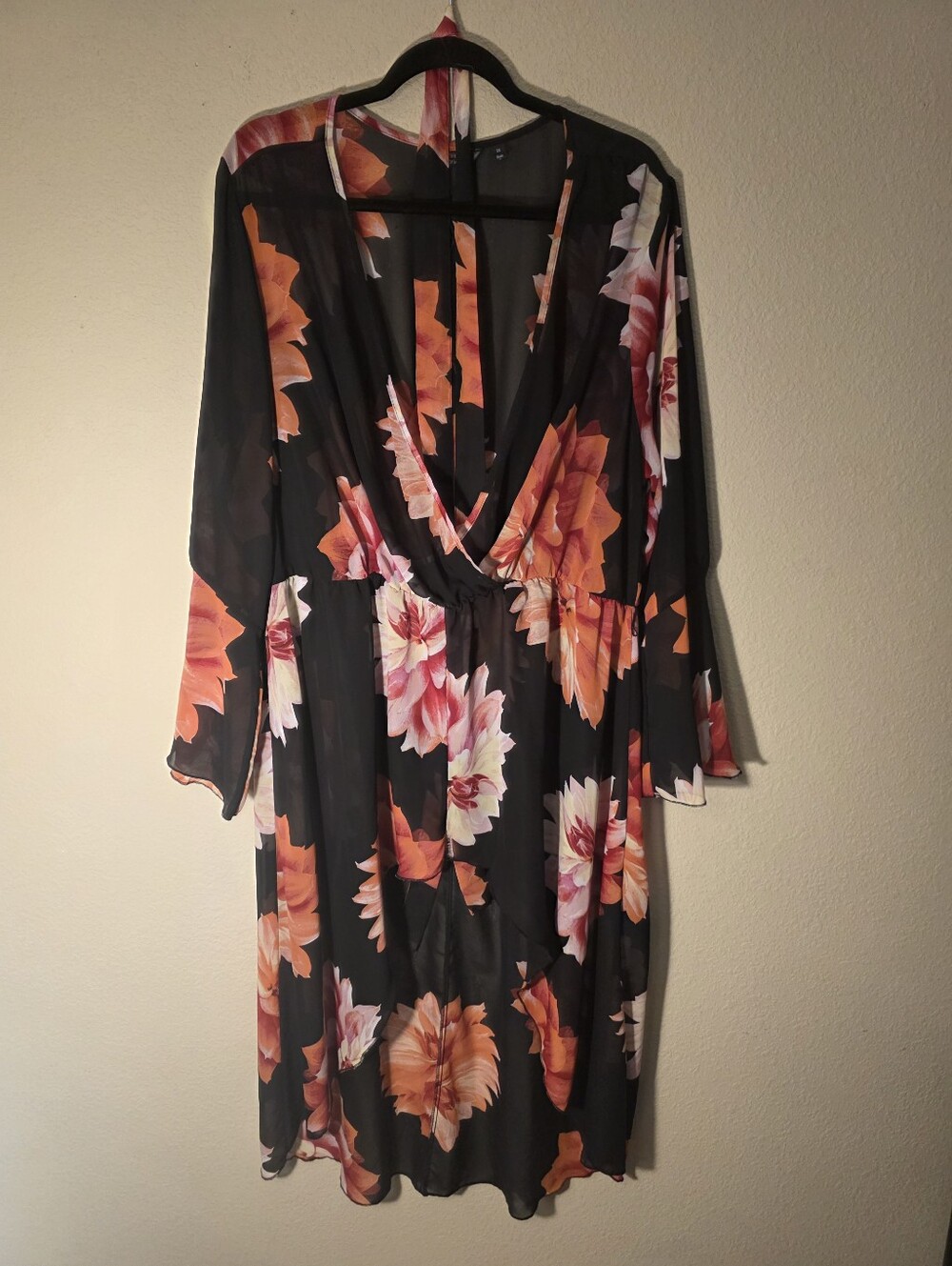 Sheer Floral Hi/Low in Black and Red with tie belt.